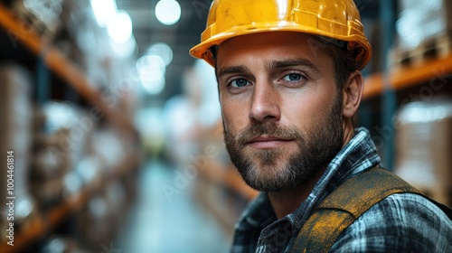 A confident worker in a warehouse wearing a safety helmet.