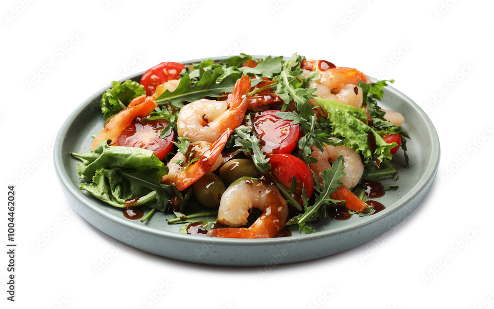 Delicious shrimp salad with vegetables isolated on white Delicious shrimp salad with vegetables isolated on white