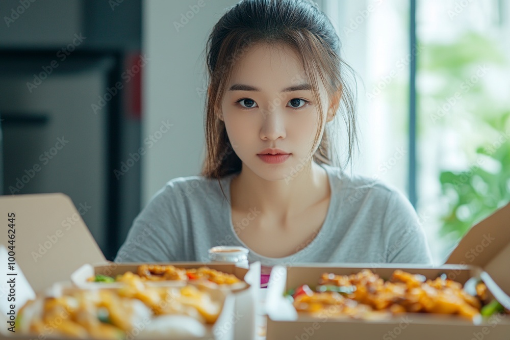 Asian woman with takeaway food and drinks at home. consumption eating home delivery food. enjoying delicious takeaway delivery tasty meal. generative ai Asian woman with takeaway food and drinks at home. consumption eating home delivery food. enjoying delicious takeaway delivery tasty meal. generative ai
