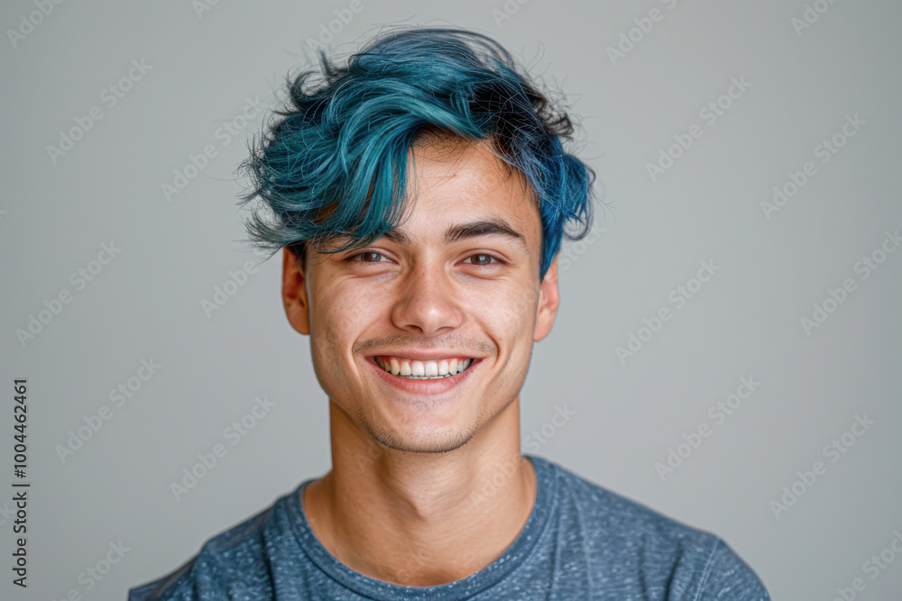 A young man with blue hair and a blue shirt is smiling A young man with blue hair and a blue shirt is smiling