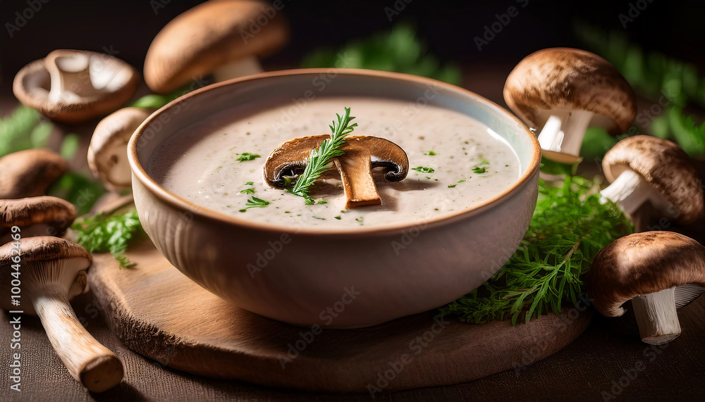 A bowl of creamy mushroom soup with fresh mushrooms and parsley on top A bowl of creamy mushroom soup with fresh mushrooms and parsley on top