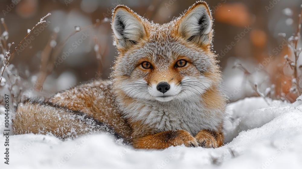 A gray fox resting in a snowy forest during winter, showcasing its thick fur and keen eyes amidst a peaceful natural landscape A gray fox resting in a snowy forest during winter, showcasing its thick fur and keen eyes amidst a peaceful natural landscape