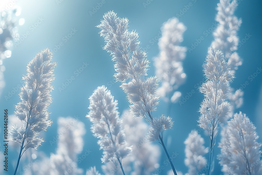 A field of white flowers with a blue sky in the background A field of white flowers with a blue sky in the background