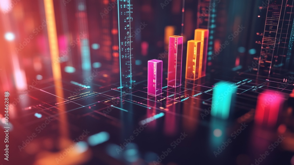 A close-up of a 3D bar chart with vibrant colors, floating above a digital grid, showcasing data trends with numbers and icons appearing next to the bars A close-up of a 3D bar chart with vibrant colors, floating above a digital grid, showcasing data trends with numbers and icons appearing next to the bars