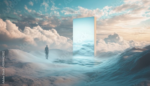 Conceptual Idea Of Creative Freedom And Success: Surreal 3d Illustration Of A Man Walking Through A Mystical Landscape Towards The Sea Door photo