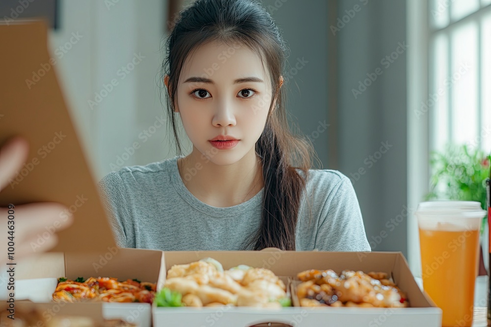 Asian woman with takeaway food and drinks at home. consumption eating home delivery food. enjoying delicious takeaway delivery tasty meal. generative ai Asian woman with takeaway food and drinks at home. consumption eating home delivery food. enjoying delicious takeaway delivery tasty meal. generative ai