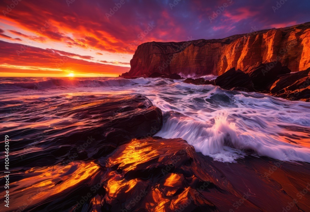 Obraz premium vibrant sunset waves crash rugged illuminating coastal landscape majestic colors, beach, coastline, cliffs, clouds, colorful, depth, dramatic, dusk