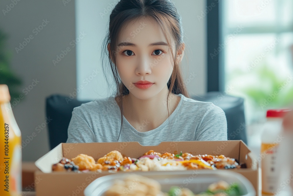 Asian woman with takeaway food and drinks at home. consumption eating home delivery food. enjoying delicious takeaway delivery tasty meal. generative ai Asian woman with takeaway food and drinks at home. consumption eating home delivery food. enjoying delicious takeaway delivery tasty meal. generative ai