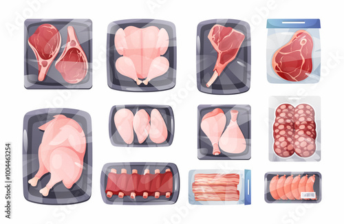 Frozen meat. Vector set of fresh raw meat, poultry product in plastic package with beef steak, sausages, chicken, bacon in polyethylene transparent wrap. Tray pack for grocery market. Meat trays
