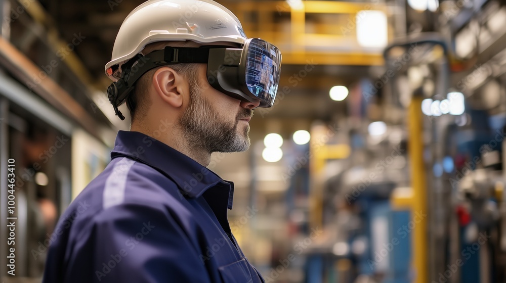 Worker using virtual reality headset in a modern factory setting during daylight hours Worker using virtual reality headset in a modern factory setting during daylight hours