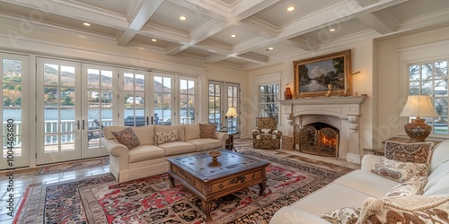A luxurious and elegantly furnished living room with large windows overlooking a serene lake and beautiful autumn landscape outside