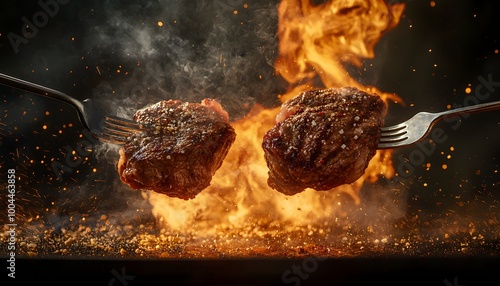 Two grilled steaks sizzling over open flames, one held by a fork, sparks flying, smoke swirling, intense heat and energy, perfect for barbecue scenes photo