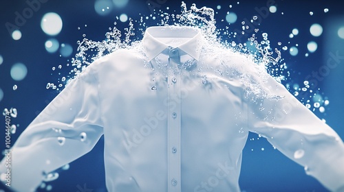 A white shirt being washed in water, the fabric fluttering around as it matches a blue background.  photo