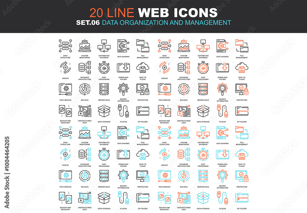 Vector set of data organization and management line web icons. Each ...