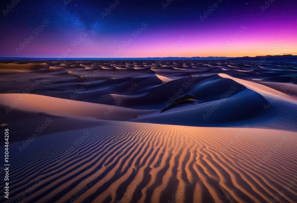 Naklejka premium enchanting vast sand dunes under starlit sky twinkling stars gentle night glow, desert, starlight, milkyway, landscape, nature, moonlight, elevation