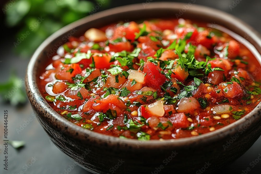 A bowl of red salsa with green herbs