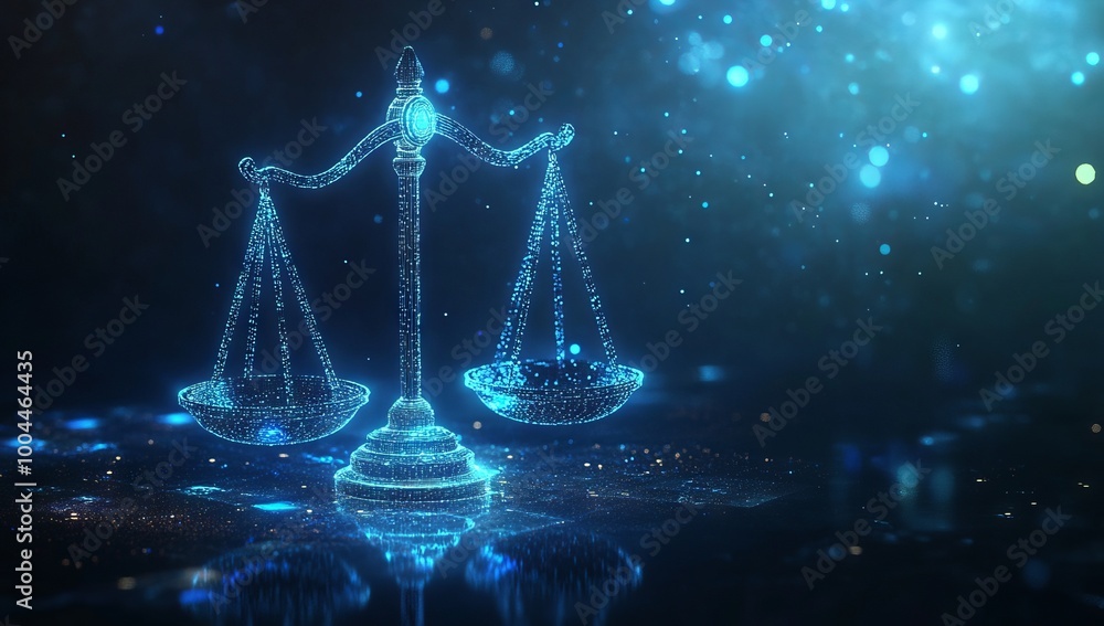 Glowing Digital Scales Representing Law and Justice for Financial Business Presentation, AI generated illustration Glowing Digital Scales Representing Law and Justice for Financial Business Presentation, AI generated illustration