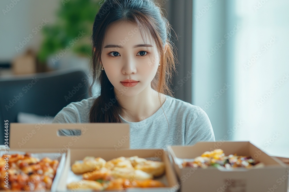 Asian woman with takeaway food and drinks at home. consumption eating home delivery food. enjoying delicious takeaway delivery tasty meal. generative ai Asian woman with takeaway food and drinks at home. consumption eating home delivery food. enjoying delicious takeaway delivery tasty meal. generative ai