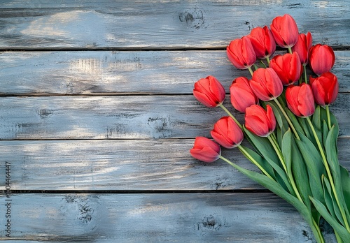 Red Tulips Flat Lay on Rustic Wooden Background