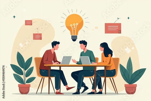 オフィスカジュアルな男女がミーティング中に良いアイデアを浮んだ瞬間のイラスト