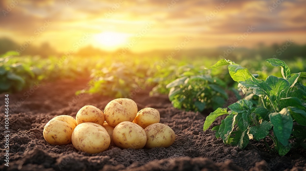 Fototapeta premium Freshly harvested potatoes on fertile soil with a beautiful sunset backdrop.