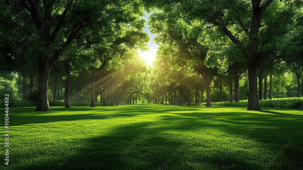 Obraz premium Sunlight filtering through lush trees onto vibrant green grass in a serene park setting.