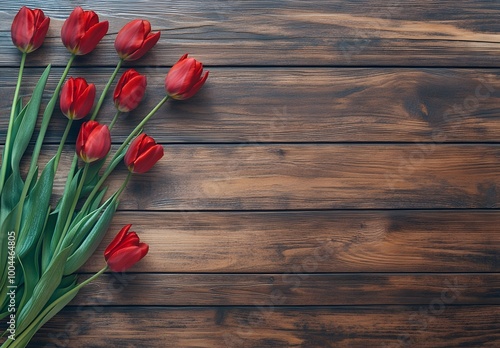 Red Tulips on Wooden Background for Valentine's Day