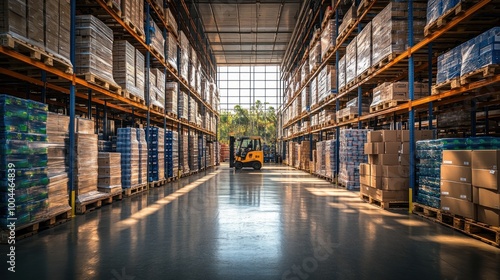 Warehouse interior with shelves and a forklift in operation.