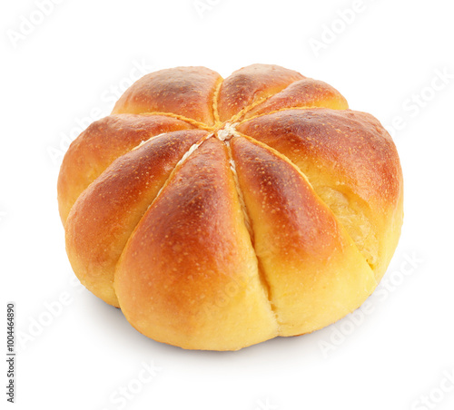 One tasty pumpkin shaped bun isolated on white photo