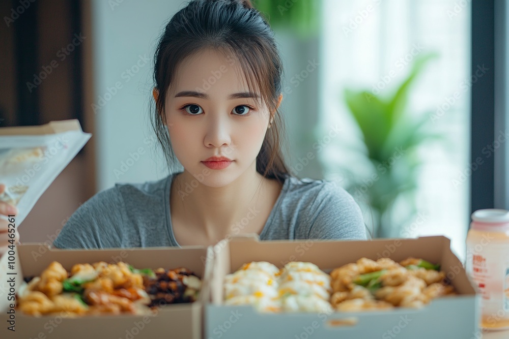 Asian woman with takeaway food and drinks at home. consumption eating home delivery food. enjoying delicious takeaway delivery tasty meal. generative ai Asian woman with takeaway food and drinks at home. consumption eating home delivery food. enjoying delicious takeaway delivery tasty meal. generative ai