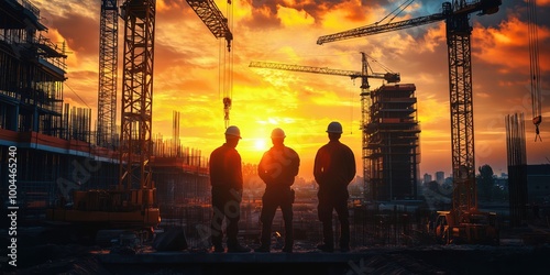 Fototapeta Naklejka Na Ścianę i Meble -  Photograph of construction workers silhouetted against a vibrant sunset while overseeing a building site with cranes