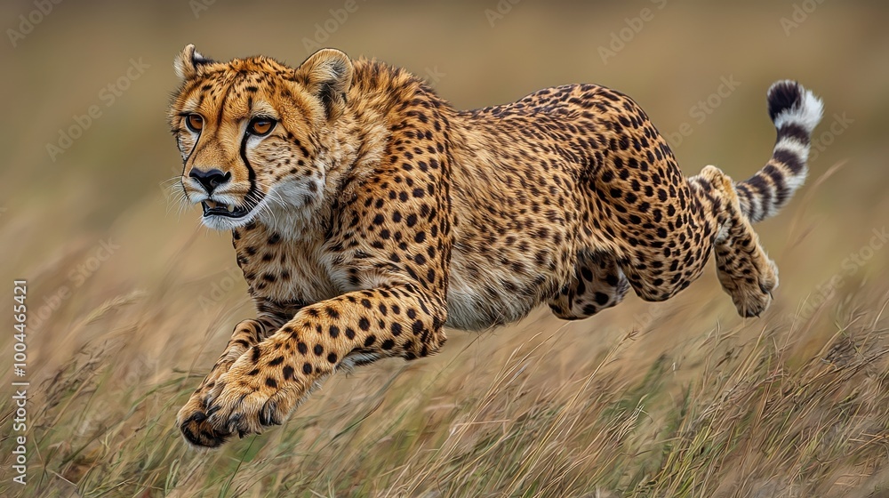 A cheetah sprinting gracefully across the grassy plains during the golden hour in the African savanna