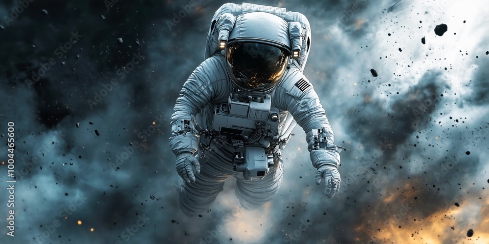Astronaut in a white suit surrounded by debris and space explosions Astronaut in a white suit surrounded by debris and space explosions
