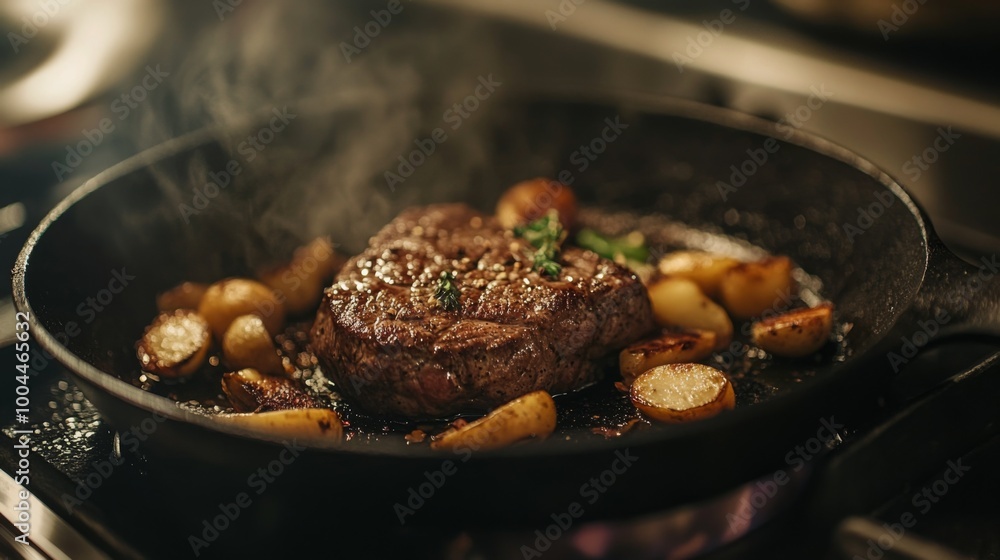 A close-up of a cast-iron skillet on a stovetop, with a perfectly cooked steak sizzling and golden-brown vegetables, capturing the essence of gourmet home cooking. A close-up of a cast-iron skillet on a stovetop, with a perfectly cooked steak sizzling and golden-brown vegetables, capturing the essence of gourmet home cooking.
