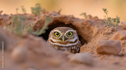 1. A burrowing owl emerging from its underground nest in a desert landscape