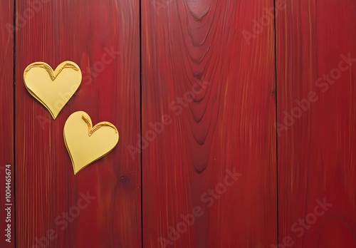 Red Wooden Background With Yellow Paper Hearts
