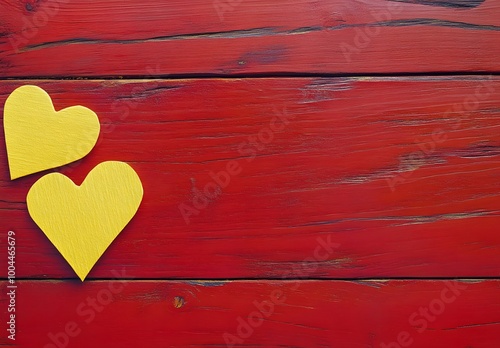 Red Wooden Background with Two Yellow Hearts