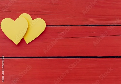 Yellow Paper Hearts on Red Wooden Background