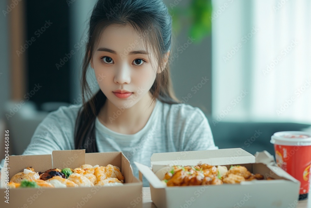 Asian woman with takeaway food and drinks at home. consumption eating home delivery food. enjoying delicious takeaway delivery tasty meal. generative ai Asian woman with takeaway food and drinks at home. consumption eating home delivery food. enjoying delicious takeaway delivery tasty meal. generative ai