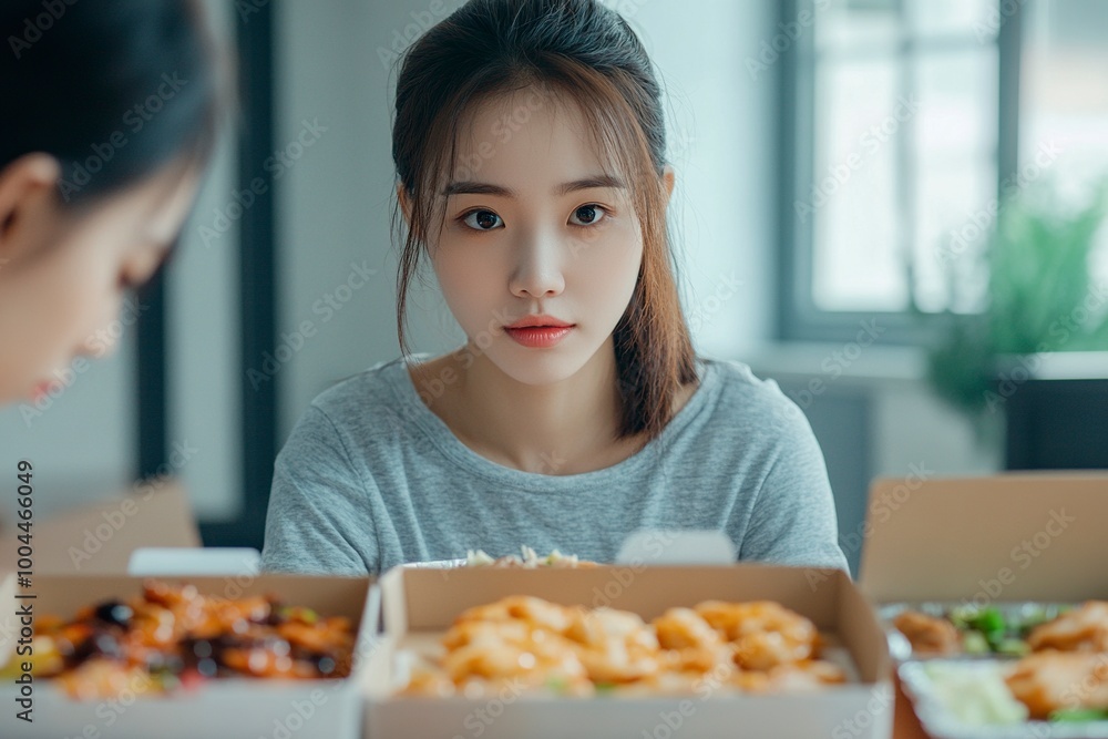 Asian woman with takeaway food and drinks at home. consumption eating home delivery food. enjoying delicious takeaway delivery tasty meal. generative ai Asian woman with takeaway food and drinks at home. consumption eating home delivery food. enjoying delicious takeaway delivery tasty meal. generative ai