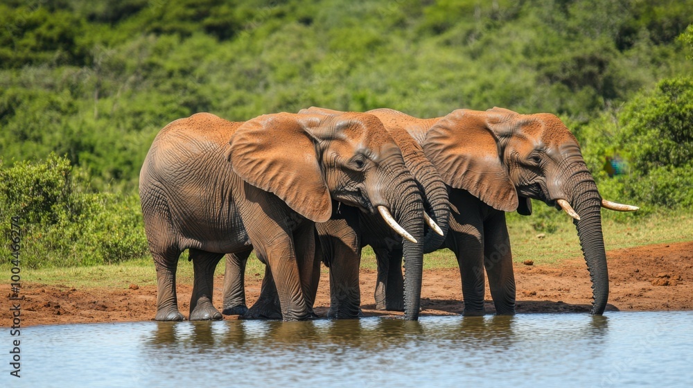Fototapeta premium African elephants drinking from a watering hole in the wild, capturing a serene moment in nature with room for text.