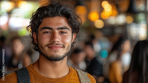 Young man with a friendly expression, wearing a casual mustard-colored sweater, standing in a lively indoor setting with blurred individuals in the background