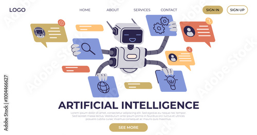 A robot with multiple arms manages various digital icons and speech bubbles, representing artificial intelligence and automation. Ideal for technology, innovation, machine learning, digital tools