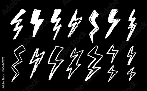 Set of lightning by wax pencil drawing. Collection of handdrawing chalk , light flash signs, Doodle thunder bolts,white color design elements. Graffiti style weather symbols. Vector illustration