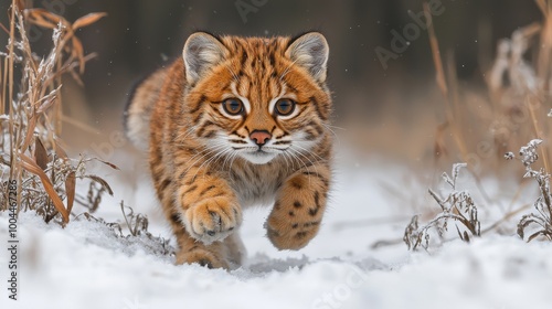 A young wildcat playfully runs through fresh snow in a forested area during winter's chill photo