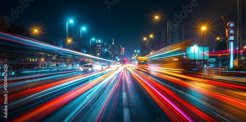 High-Speed Light Trails in the City at Night, AI generated illustration