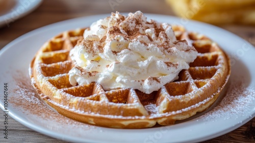 A close-up of a golden waffle topped with whipped cream and a sprinkle of cinnamon, placed on a white ceramic plate, creating an inviting and delicious appearance