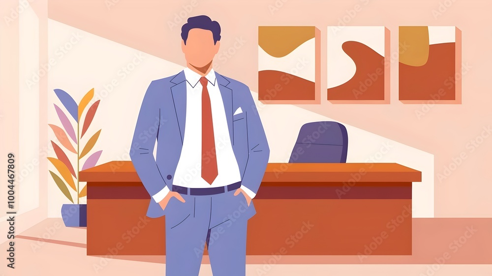 Businessperson in blue suit standing in a modern office with abstract art Businessperson in blue suit standing in a modern office with abstract art