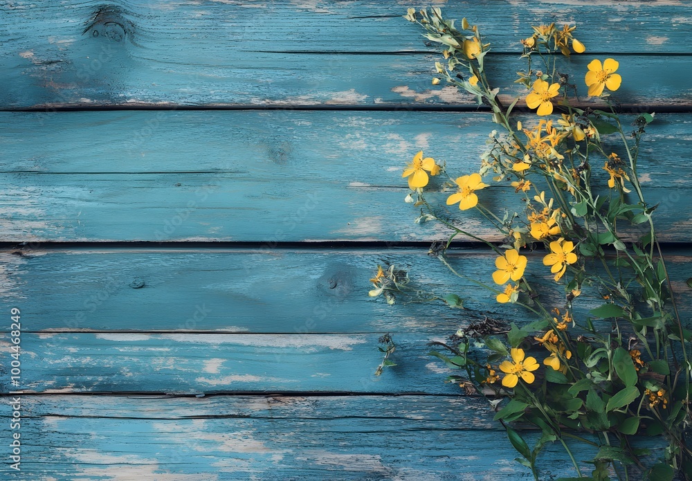 Fototapeta premium Rustic Blue Wooden Background with Yellow Flowers