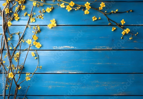 Rustic Blue Wood Background with Yellow Flowers